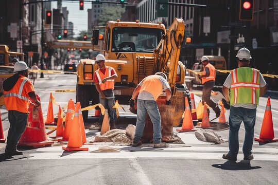 Busy Urban Road Construction Site with Workers in High Visibility Vests and Helmets Operating Around a Yellow Excavator
