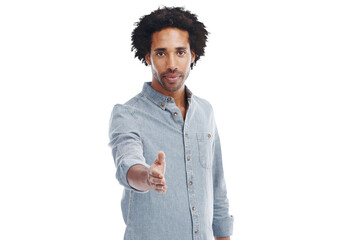 Man, extended hand or handshake portrait for deal or partnership isolated on a transparent, png background. Black male with gesture for recruitment, hr or hiring greeting and trust or agreement