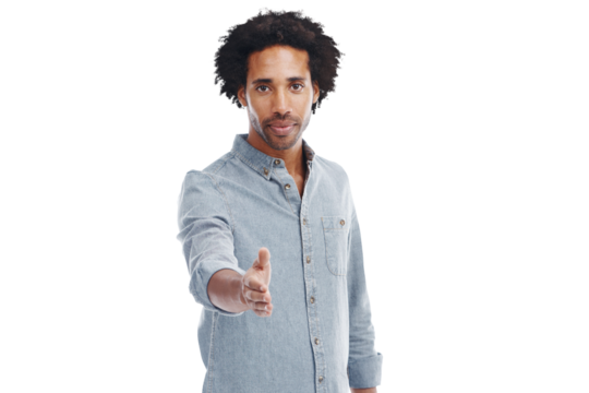 Man, extended hand or handshake portrait for deal or partnership isolated on a transparent, png background. Black male with gesture for recruitment, hr or hiring greeting and trust or agreement