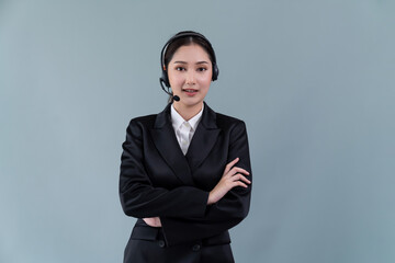 Attractive asian female call center operator with happy smile face advertises job opportunity on...