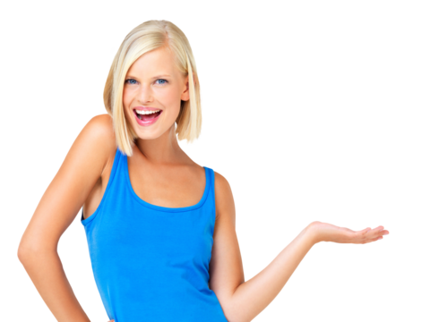 Portrait, smile and woman with palm space isolated on a transparent png background. Product placement, branding and happy person with hand for presentation or promotion, advertising and marketing.