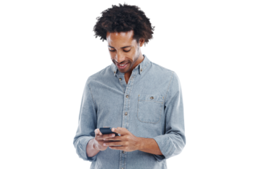 Phone, typing and happy man isolated on a transparent, png background for social media, mobile app or reading post. Internet, young and creative person with communication, networking or online search