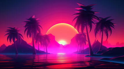 Fototapeta na wymiar 3d tropical sunset with island and palm trees. Ocean and neon sun in synthwave. Generative Ai