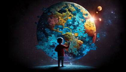 World Autism Awareness Day. A little boy stands in front of a globe and sees the world in his own way. The concept of child autism. Generative AI - obrazy, fototapety, plakaty
