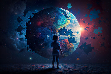 World Autism Awareness Day. A little girl stands in front of a globe and sees the world in his own way. The concept of child autism. Generative AI