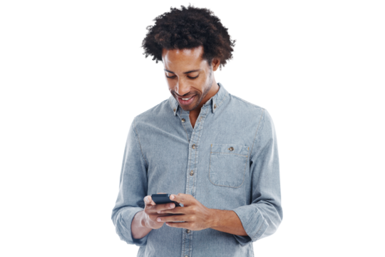 Phone, typing and happy man isolated on a transparent, png background for social media, mobile app or reading post. Internet, young and creative person with communication, networking or online search