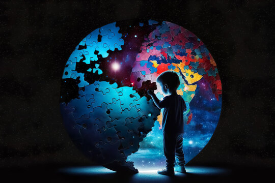World Autism Awareness Day. A little boy stands in front of a globe and sees the world in his own way. The concept of child autism. Generative AI