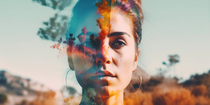 double exposure portrait of a young spanish woman and extraordinary vibrant nature - Generative AI