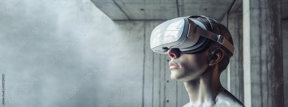 Wall mural statue of man wearing virtual reality goggles against background of gray concrete wall. bust of male