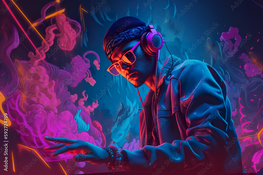 Wall mural Bright dynamic illustration of DJ in a nightclub with turquoise and neon lights, AI generative illustration