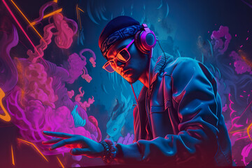 Bright dynamic illustration of DJ in a nightclub with turquoise and neon lights, AI generative illustration