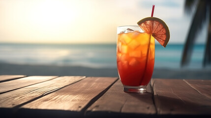 Tropical drink on a wooden table on the beach, Bright color. Generative Ai