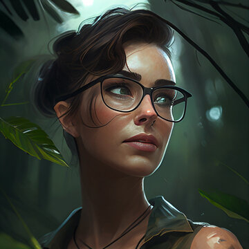 Junge Frau mit Brille im Jungle KI