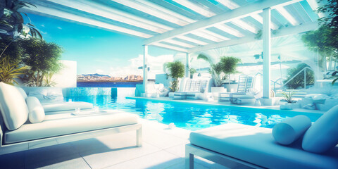 A lavish poolside lounge in a sunny, relaxing resort-like setting with azure blue accents