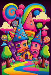 Whimsical candy castle, cloud, tree, cute and adorable, colorful, bright and fun cartoon scene, illustration, AI generative