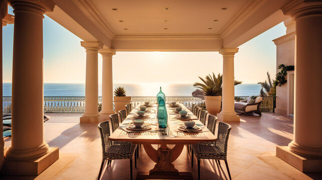 An exquisite image of a sophisticated terrace dining area, providing an inviting and luxurious space for enjoying a meal with a stunning ocean view