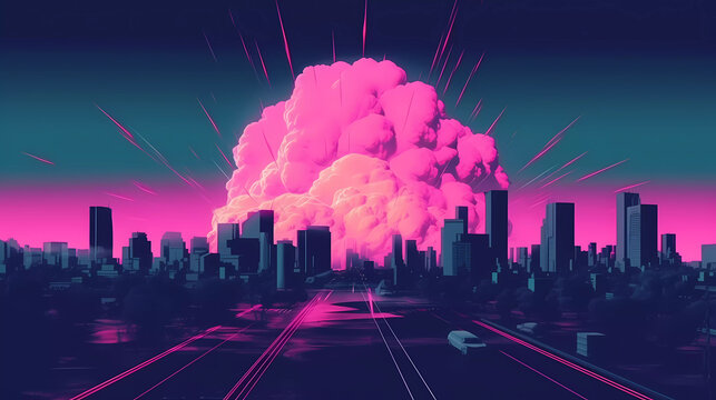 Atomic explosion cityscape 