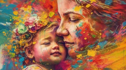 Vibrant and Modern Mother's Day Painting with Mom and Child