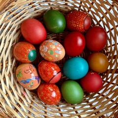 Basket with easter coloured boiled eggs. - 592726395