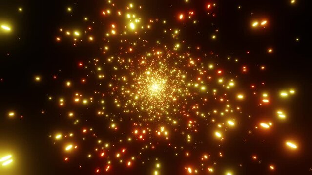 Stream of golden particles moves into the camera VJ loop 3d render. Background for nightclub, rave, music festival or broadcast