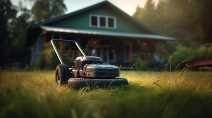 Lawn mower on a green grass near house. Background of garden lawnmower. Generative AI