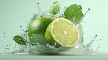 Lime fruits in water splash flow. Illustration of juicy product with lime slices. Natural fresh food. Generative AI
