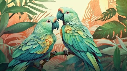 Tropical jungle leaves with exoric parrots. Illustration with couple of tropic birds. Generative AI