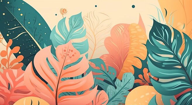 Abstract tropical leaves background. Modern boho floral illustration. Elegant nature design. Generative AI © tanyastock