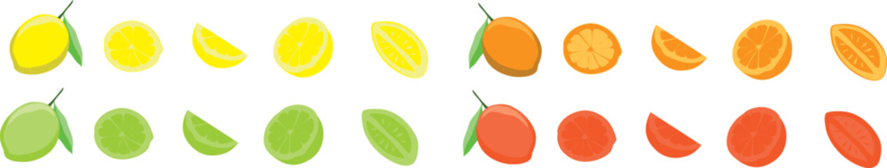 Set of Fresh citrus fruit on white background, Oranges, lemons, and lime.Whole, half and slice