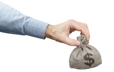 Hand holding small burlap sack with dollars, cut out