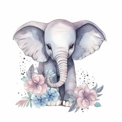 Illustration of an elephant adorned with colorful flowers in a watercolor style, Generative AI