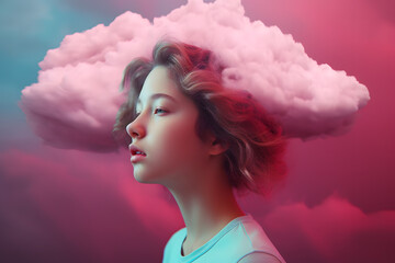 Girl with a clouded mind, her head in pink glamorous stylish minimalism cloud of smoke. Drunk blurred brain thinking, unhealthy, drunk, woozy. Generative AI.