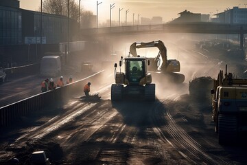 UK Highway Roadworks, Construction Teams and Heavy Machinery