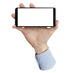 Hand holding black smartphone with blank screen, cut out