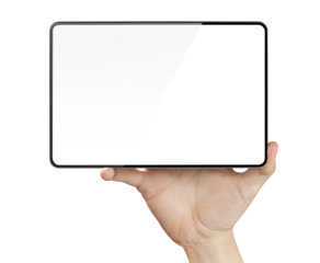 Hand holding black tablet with blank screen, cut out