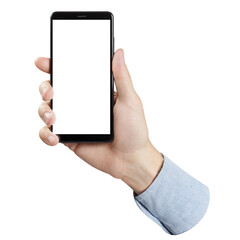 Hand holding black smartphone with blank screen, cut out