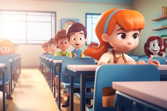 Children and teacher in classroom. Cartoon students back to school. Generative AI