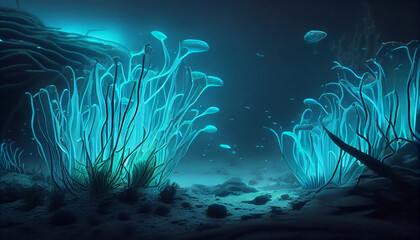 Fototapeta na wymiar Bio luminescent ocean. Bioluminescent plankton under sea. Glowing under sea. Beautiful Night Nea. Ai generated image