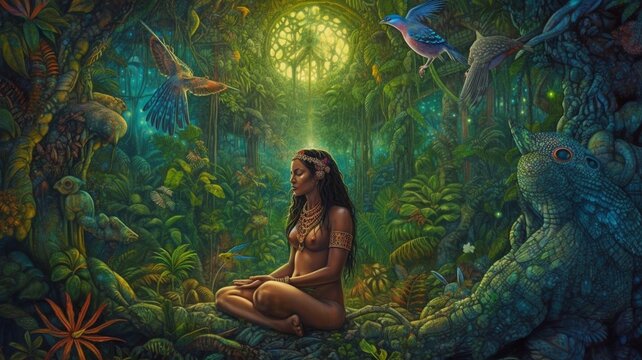 Generative AI is a goddess meditating in the Amazon jungle, surrounded by magnificent, hyperdetailed, iridescent flora and wildlife.
