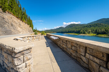View from a small park rest area along the highway facing Pend Oreille River near the town of Metaline Falls, Washington, USA	