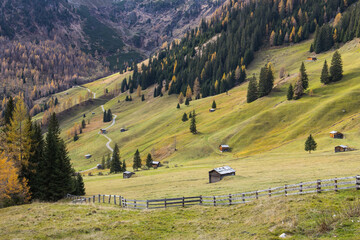 Idyllic alpine pasture in beautiful autumn colors on a mountain range in Austria