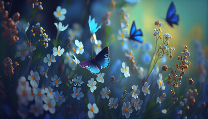 Fototapeta na wymiar Blue flowers on spring blooming meadow with butterfly. Beautiful Flowers. Ai generated image