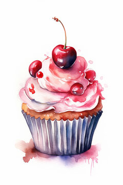 watercolor painting of a cupcake with a cherry on top ai generative