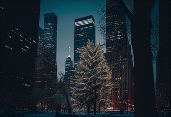 Scenic winter evening view of the glowing lights of a Christmas tree surrounded by the skyscrapers of Midtown Manhattan in Madison Square Park, New York City. Generative AI