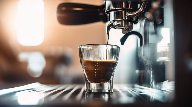 A shot of coffee being poured into a glass. AI generative image