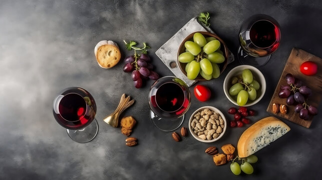Wine and tapas on concrete background, top view. Generative AI.