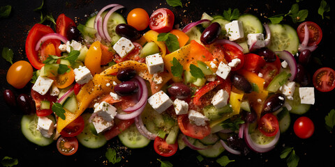 Naklejka premium healthy and tasty greek salad on a black plate, created with generative ai