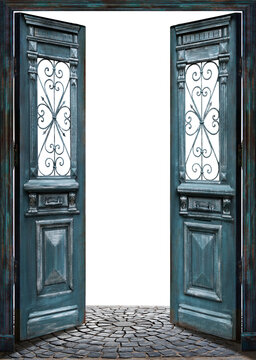 Opened ancient blue doors on a transparent background with wroughed metal parts
