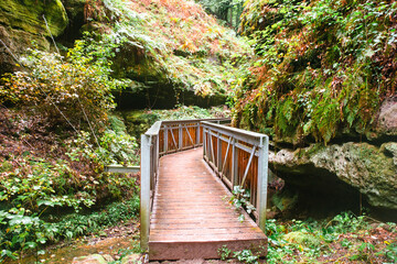 Mullerthal trail in Luxembourg between Echternach and Berdorf, hiking through a forest with sandstone rock formations
