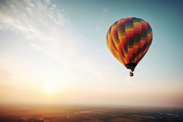 Fototapeta premium Colorful Hot Air Balloons in Blue Sky Horizon. Copy Space Background